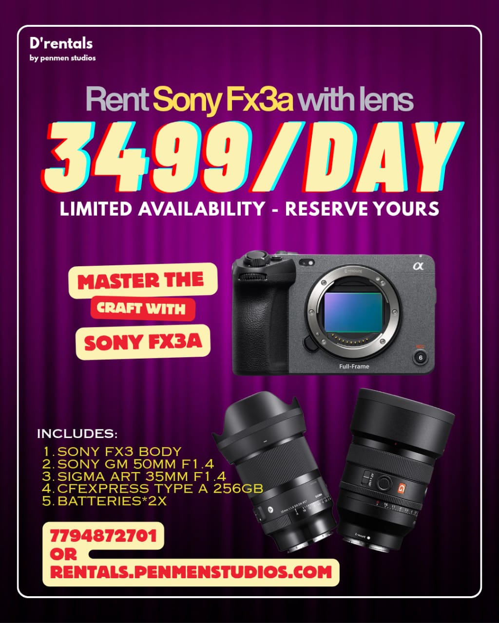 SONY SONY FX3 WITH LENS FX3A, 50MM, 35MM for rent in Hyderabad